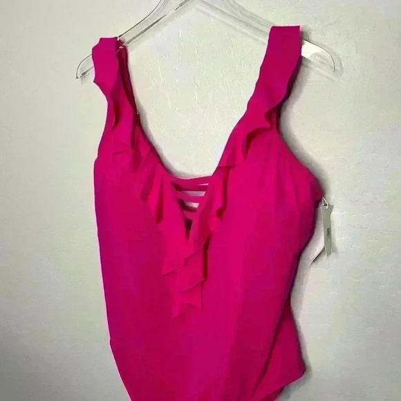 Bleu Rod Beattie Hot Pink Lattice Ruffle One Piece Swimsuit 20W - Picture 3 of 10